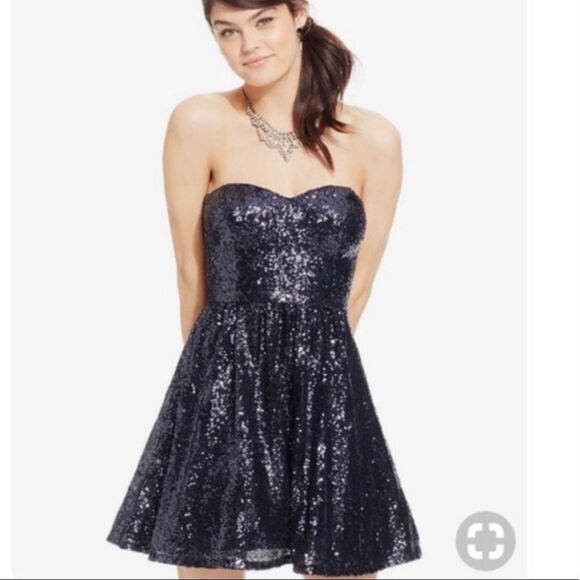 B Darlin Sequin Dress Navy Blue Strapless Fit & Flare Size 4 - Picture 1 of 8